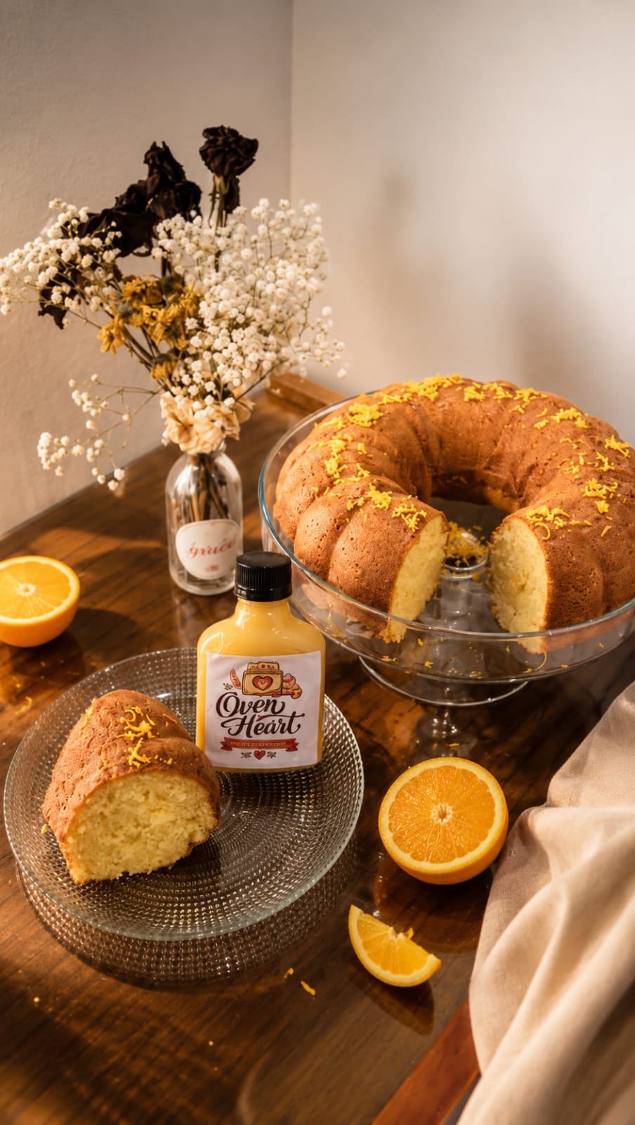 Orange cake served with 500ml fresh orange juice